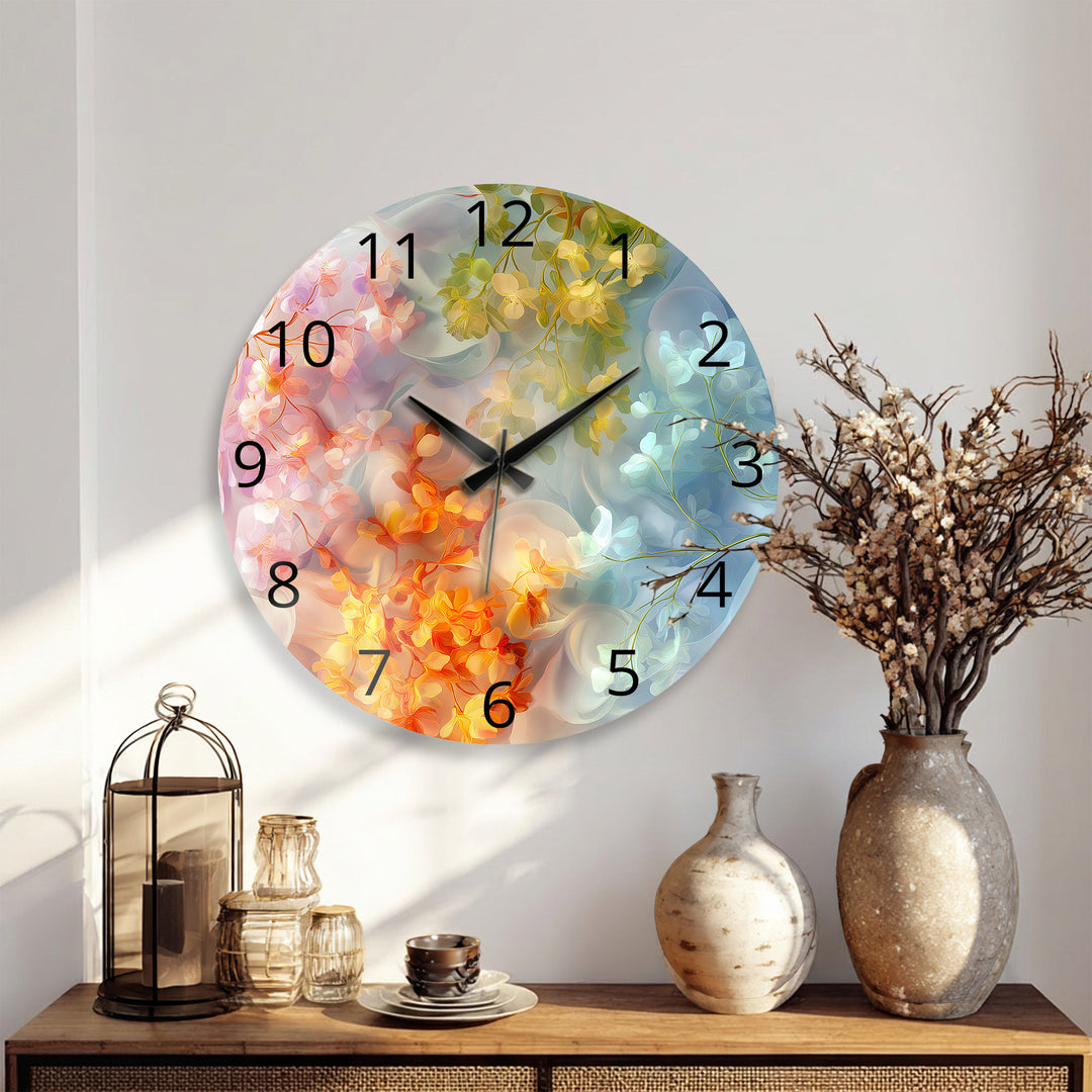 Pastel Floral Glass Wall Clock – Dreamy Botanical Decor