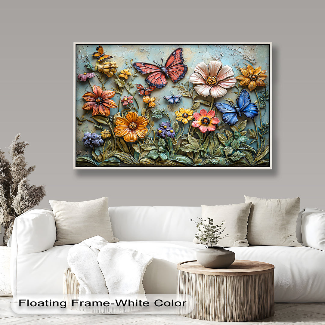 A stunning 3D relief artwork featuring vibrant butterflies fluttering among colorful flowers, set against a textured pastel background.