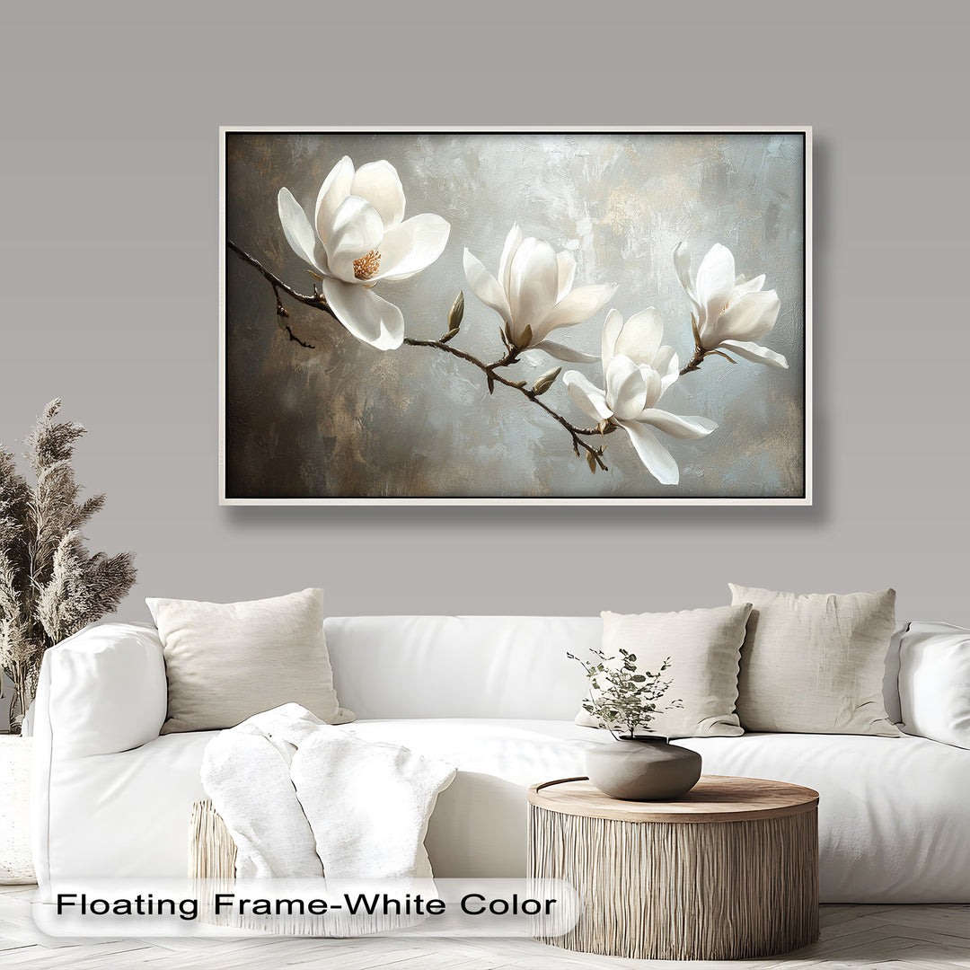 Magnolia Serenity – Cream Blossom Branch Flower Oil Painting