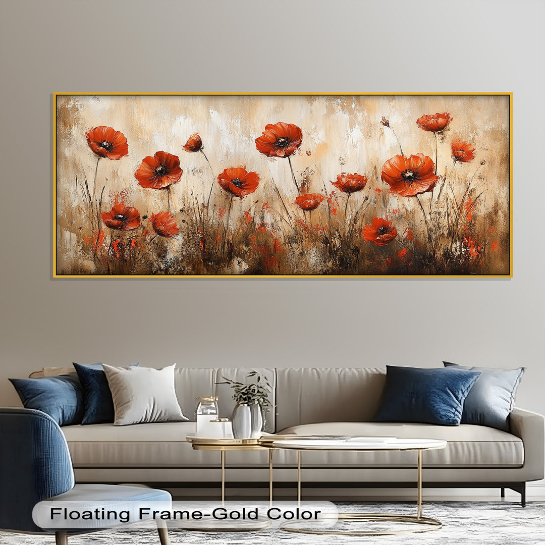 Red Poppies in Earth-Toned Harmony - Flower Oil Painting