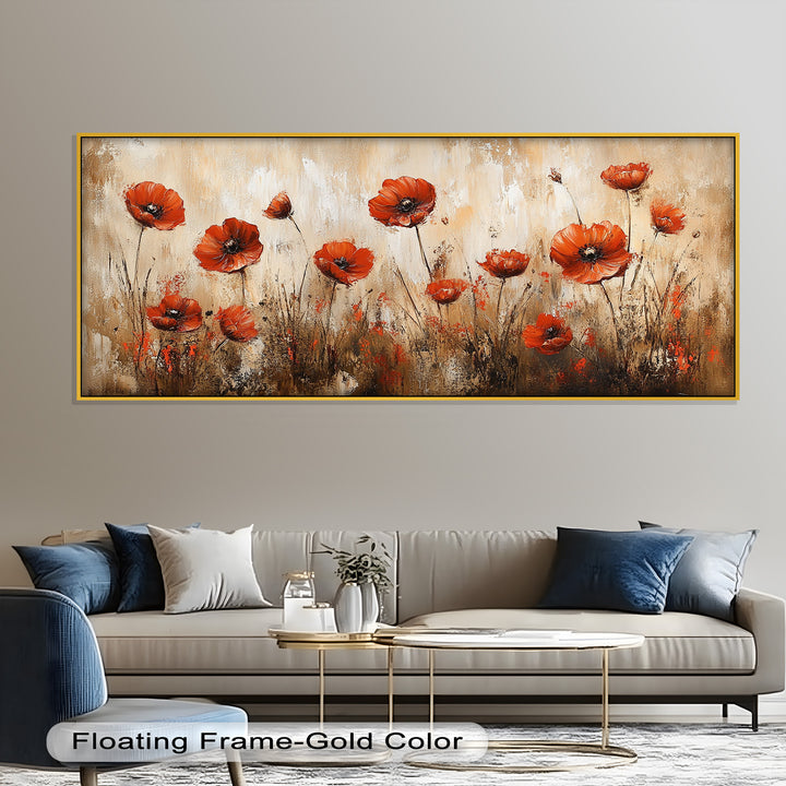 Red Poppies in Earth-Toned Harmony - Flower Oil Painting