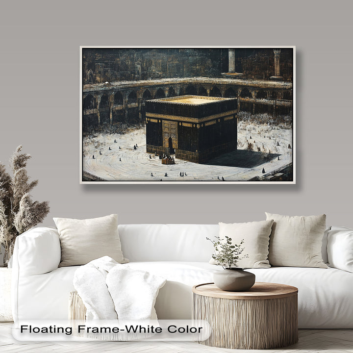 A spiritual artwork capturing the Kaaba’s central presence, with surrounding figures reflecting devotion and serenity.