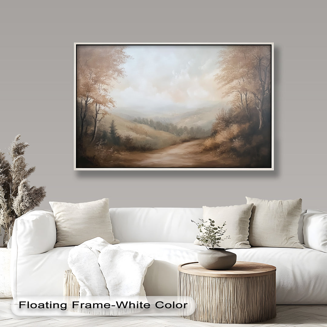 Rustic mountain path with soft misty hills and autumn trees.

