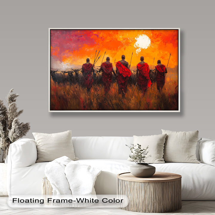 The warm glow of the setting sun illuminates the figures, creating a dynamic and powerful composition filled with movement and depth.
