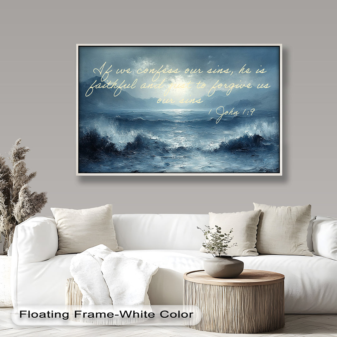 Dramatic ocean painting with crashing waves and a biblical verse from 1 John 1:9.
