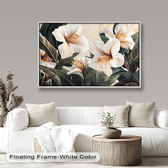 Geometric precision highlights the botanical oil painting art prints of white hibiscus, framed with sharp lines against soft, abstract background shapes.