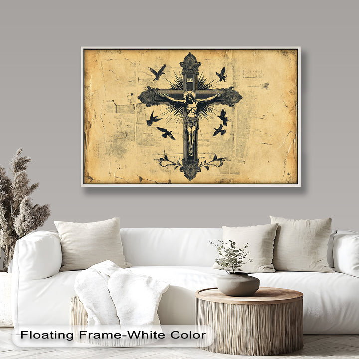 A powerful spiritual wall art piece depicting Christ on the cross, radiating divine energy, with silhouetted birds symbolizing ascension and freedom.
