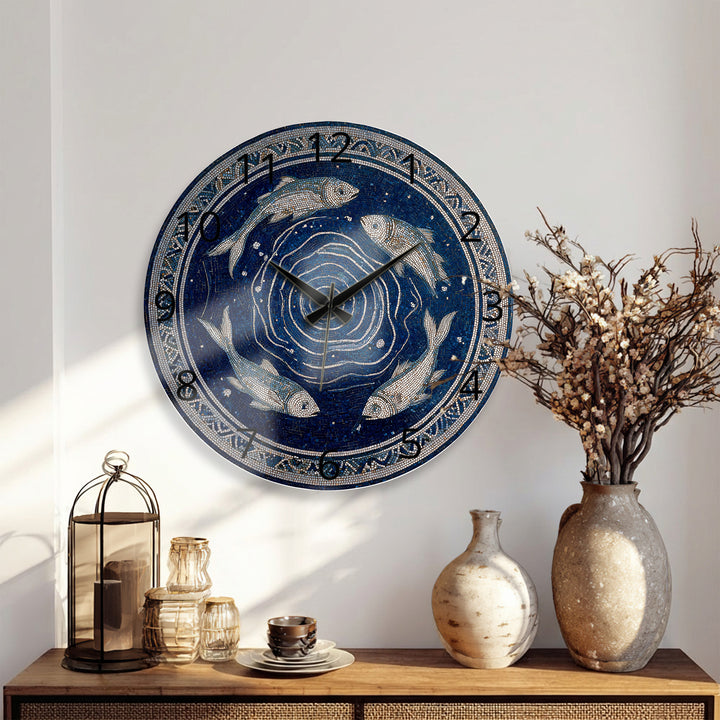 Blue Fish Mosaic Glass Wall Clock – Mediterranean Coastal Decor