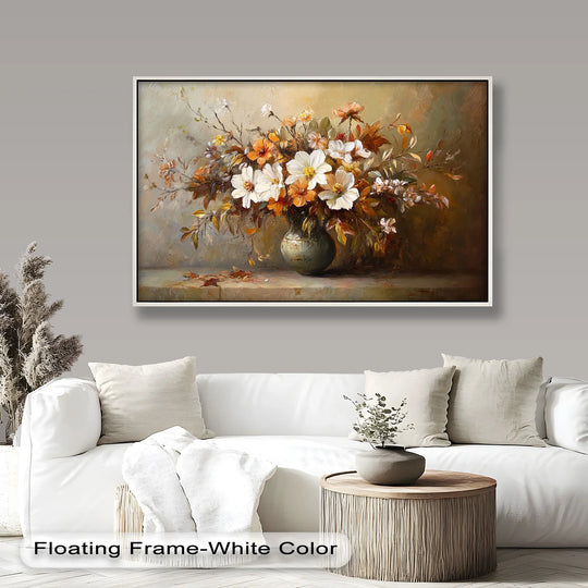 Painted background casts a subtle glow behind this vintage flowers still life, complementing the delicate oil painting decoration.