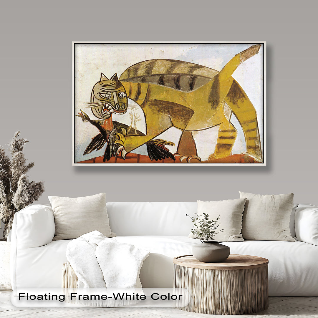 An abstract depiction of a fierce feline clutching a bird, painted with distorted features and bold geometric forms.