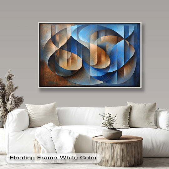 Curved geometric abstraction in deep blues and warm copper tones.
