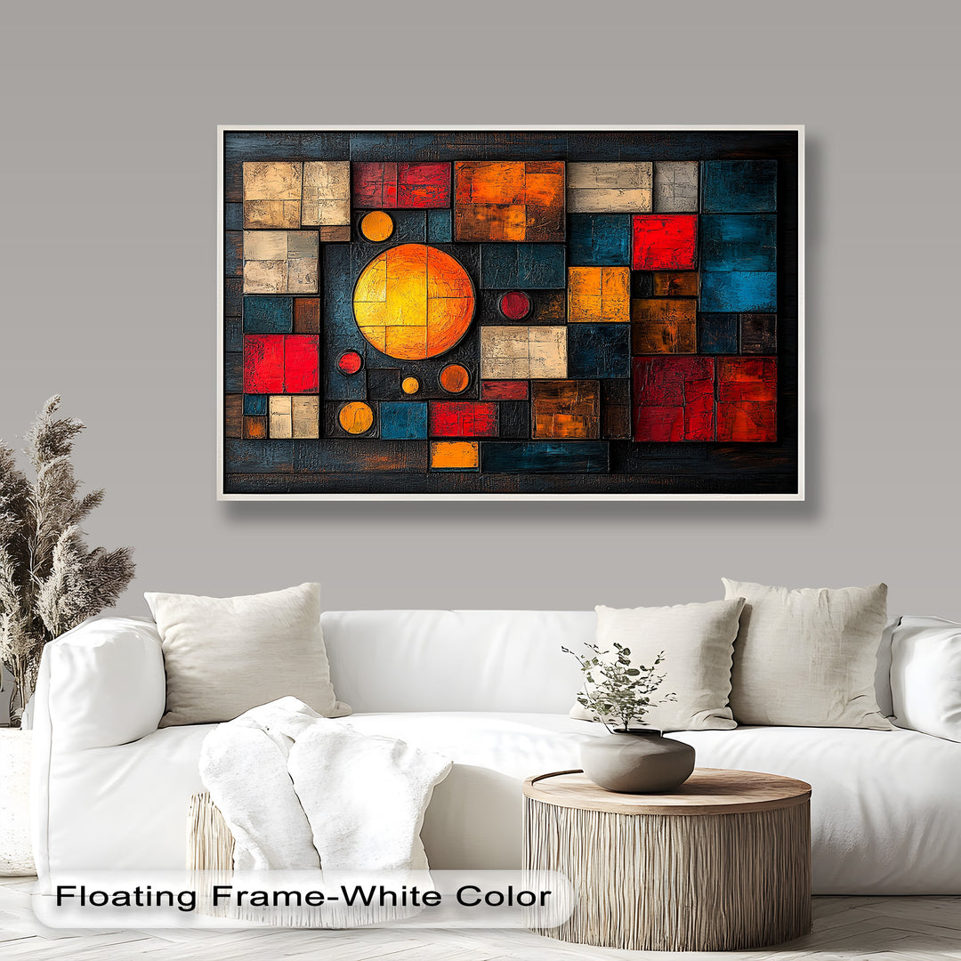 Modern geometric wall art with textured blocks and radiant orange sun.
