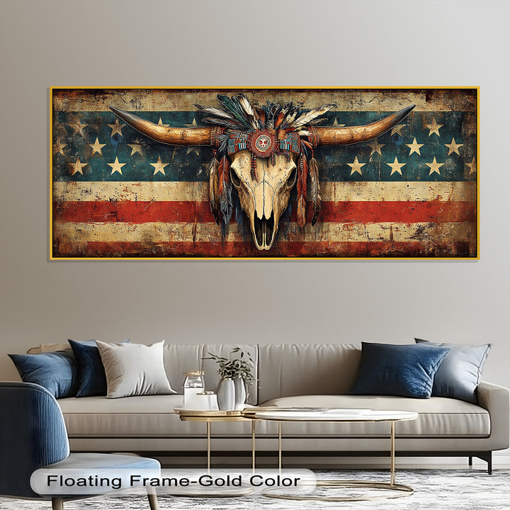 Tribal Longhorn Totenkopf mit Kopfschmuck – Amerikanisches Ölgemälde