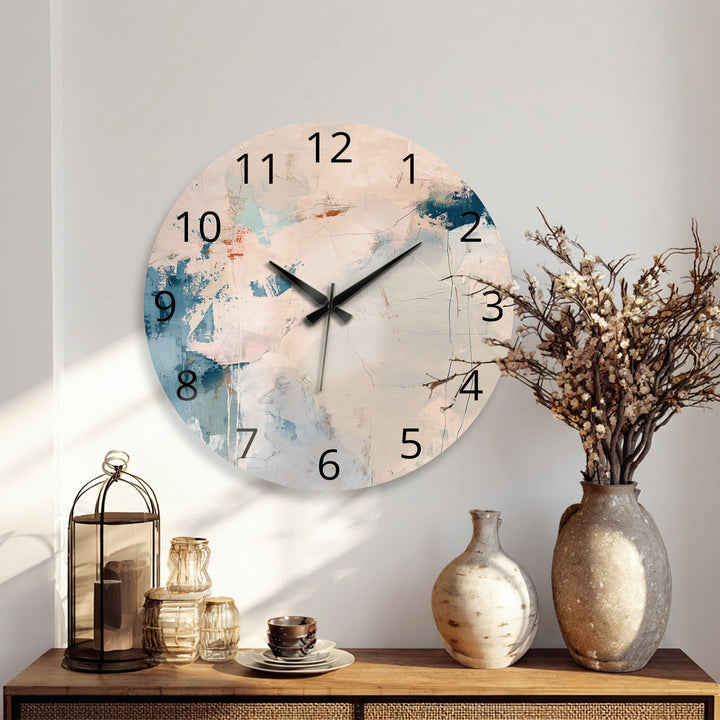 Neutral Abstract Glass Wall Clock – Beige and Blue Modern Decor