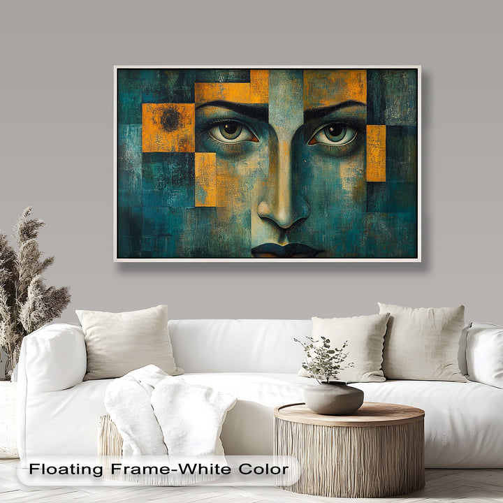 Modern abstract portrait with geometric patterns and intense gazing eyes.
