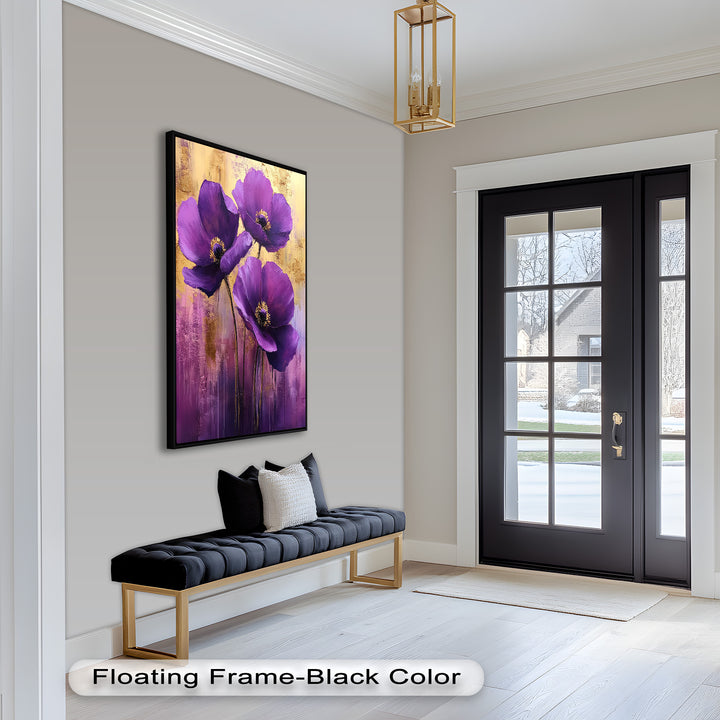Velvet Blossoms – Purple Floral Elegance with Gold Flower Oil Painting