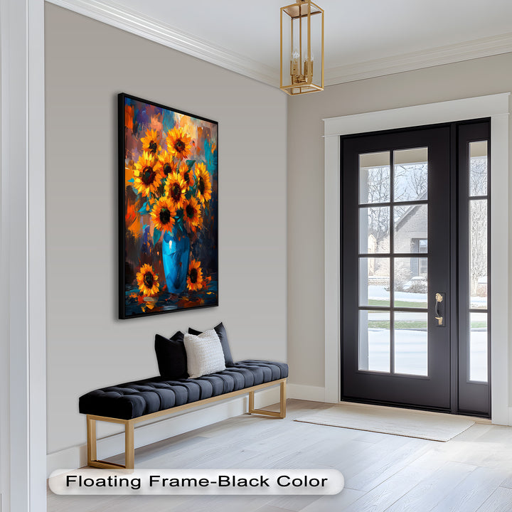 Sunlit Joy – Bold Sunflowers in Blue Vase Oil Painting