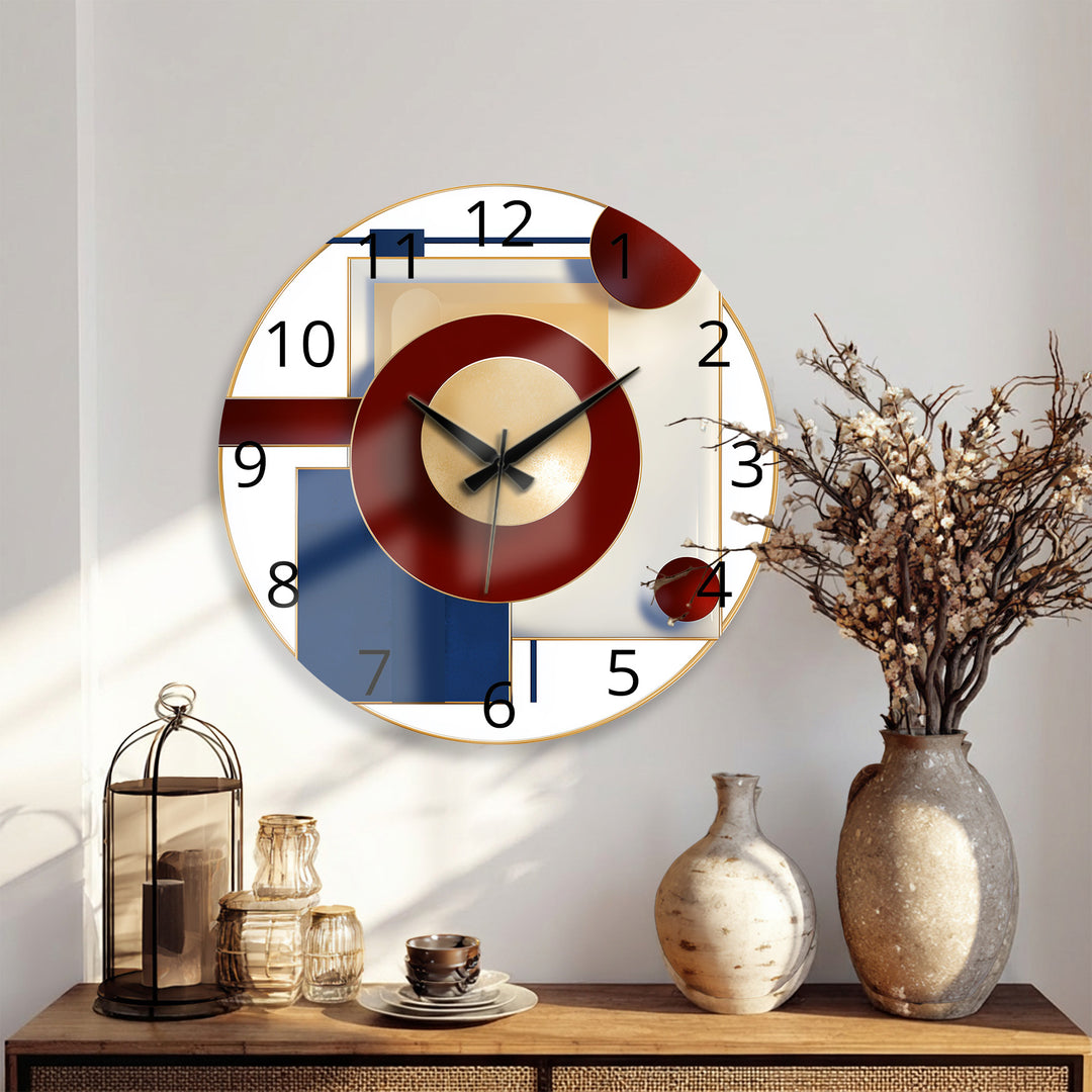 Burgundy and Navy Glass Wall Clock – Modern Geometric Gold Art