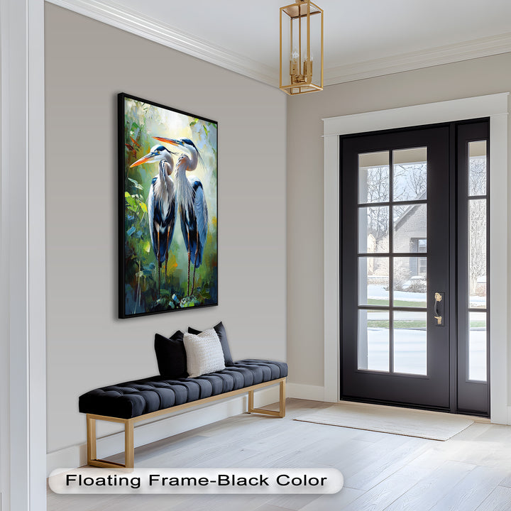 Pair of Herons in Forest Light – Animal Oil Painting