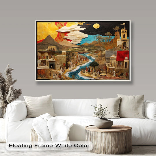 Examine the rich brushstrokes and textures conveying exceptional material quality in this River of Time collage, an oil painting decoration depicting an ancient civilization in a Picasso-esque style.