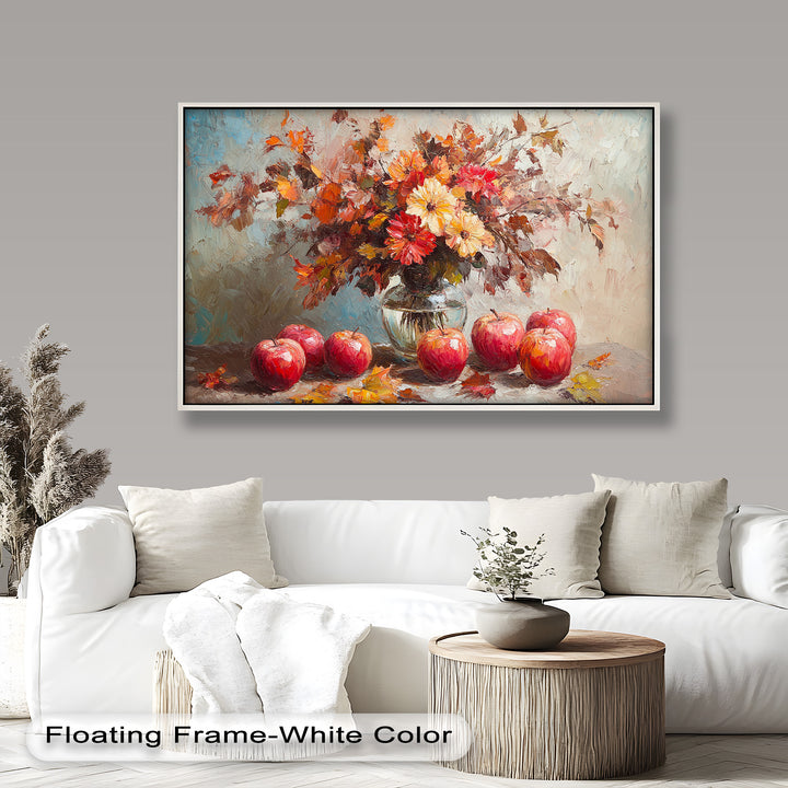 The fiery colors of the leaves and petals create a lively composition that celebrates abundance, change, and the beauty of the harvest season.

