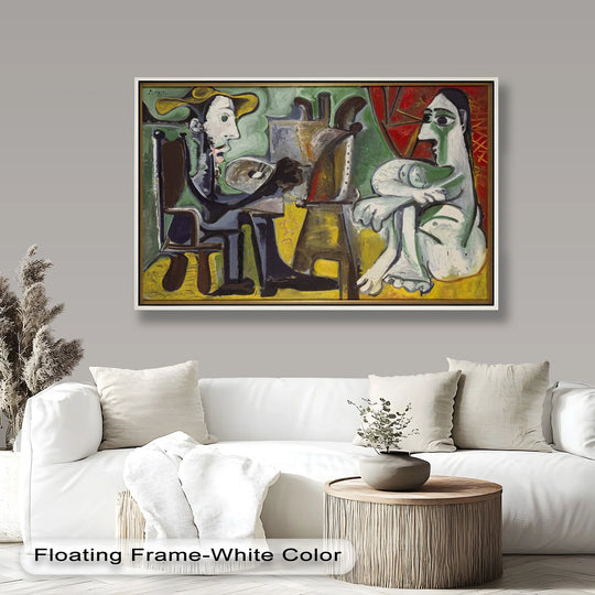 Layers of detail add depth to this expressive Picasso-inspired studio scene, an intriguing oil painting art piece depicting the painter and his muse.