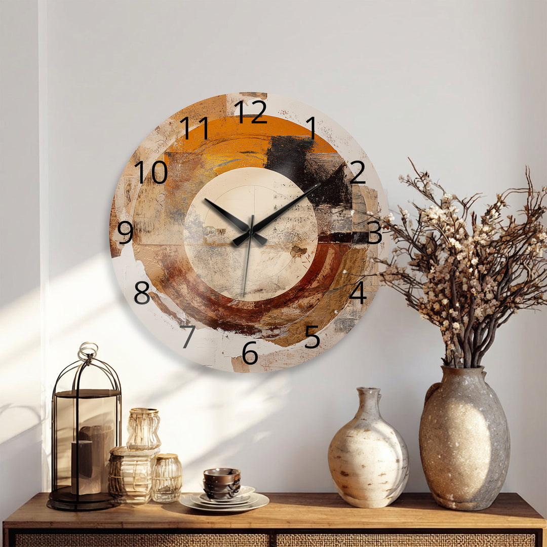 Neutral Abstract Glass Wall Clock – Earth Tone Circle Art