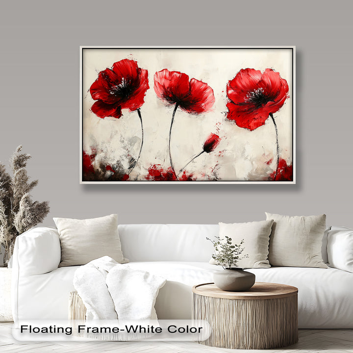 Crimson Elegance – Bold Red Poppies on Cream Flower Oil Painting
