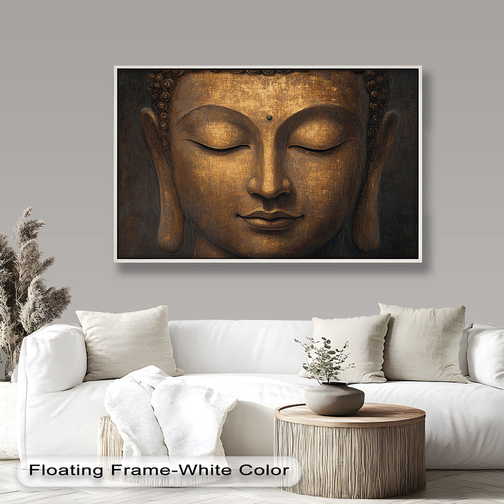 A tranquil Buddha portrait featuring closed eyes and a calm smile, rendered in warm gold and deep brown shades.