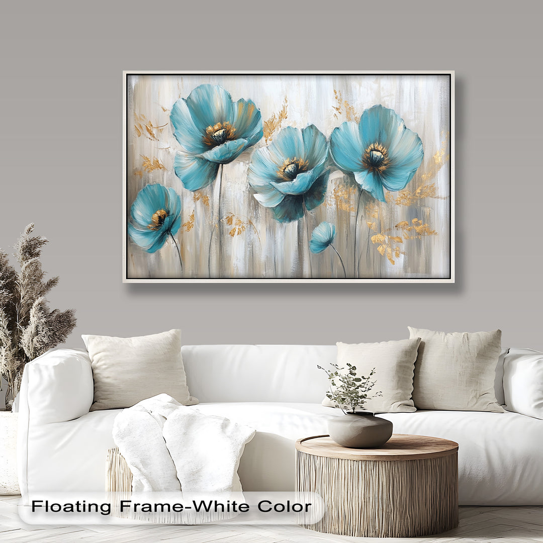 Blue Poppies with Metallic Accents - Flower Oil Painting
