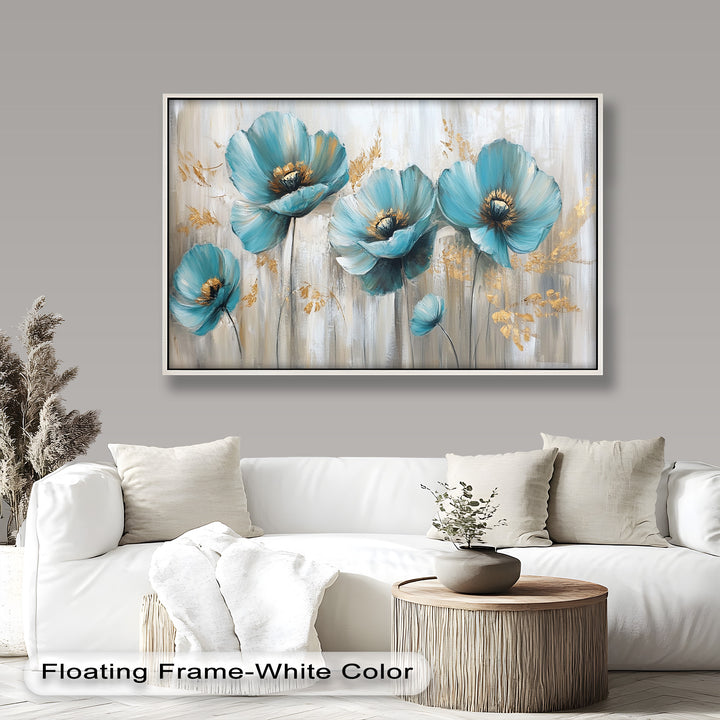 Blue Poppies with Metallic Accents - Flower Oil Painting