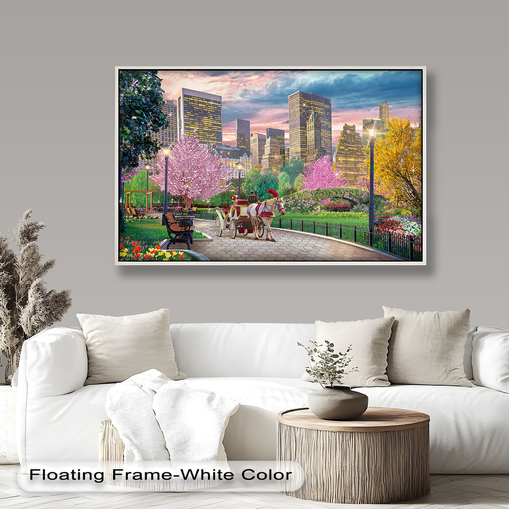 A stunning framed wall art featuring a romantic horse-drawn carriage ride through a blooming park with a modern city skyline in the background
