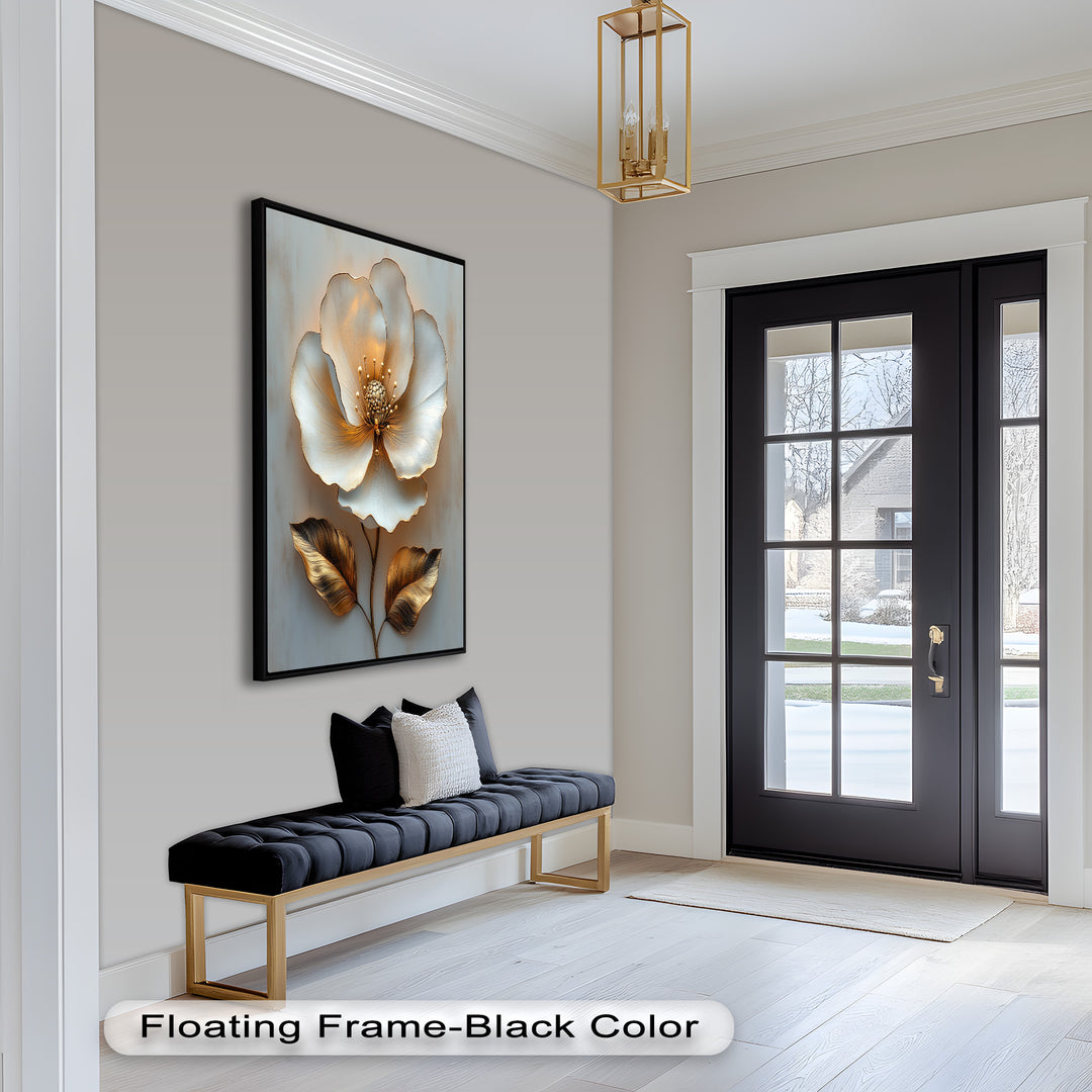 Golden Glow Bloom – White and Gold Flower Oil Painting