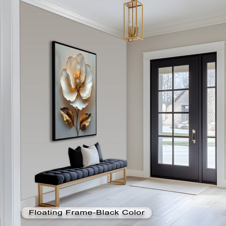 Golden Glow Bloom – White and Gold Flower Oil Painting