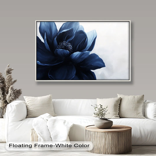 Deep shadows and highlights define the petals of the midnight bloom oil painting art piece, a navy blue floral creating depth in a striking light and shadow display.