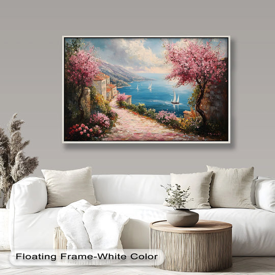 The vivid coastal path and spring blossoms in this oil painting art prints create a stunning focal point in the incredible sea street scene.