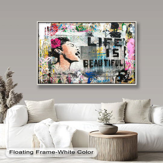 Displayed is the vibrant finish of this 'Life Is Beautiful' Banksy-style oil painting reproduction print, complete with a white floating frame.