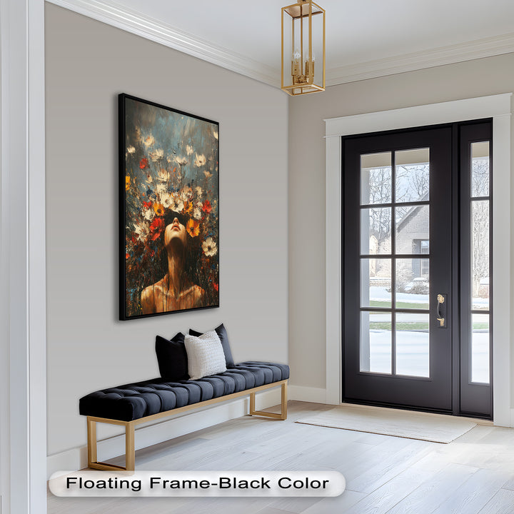 Floral Rebirth – Woman with Blossoming Crown Abstract Oil Painting
