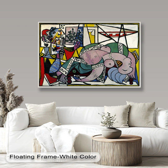 Framed with a crisp white border, this captivating oil painting reproduction print showcases Picasso's 'Reclining Muse,' emphasizing its cubist figures within sharp, clean edges.