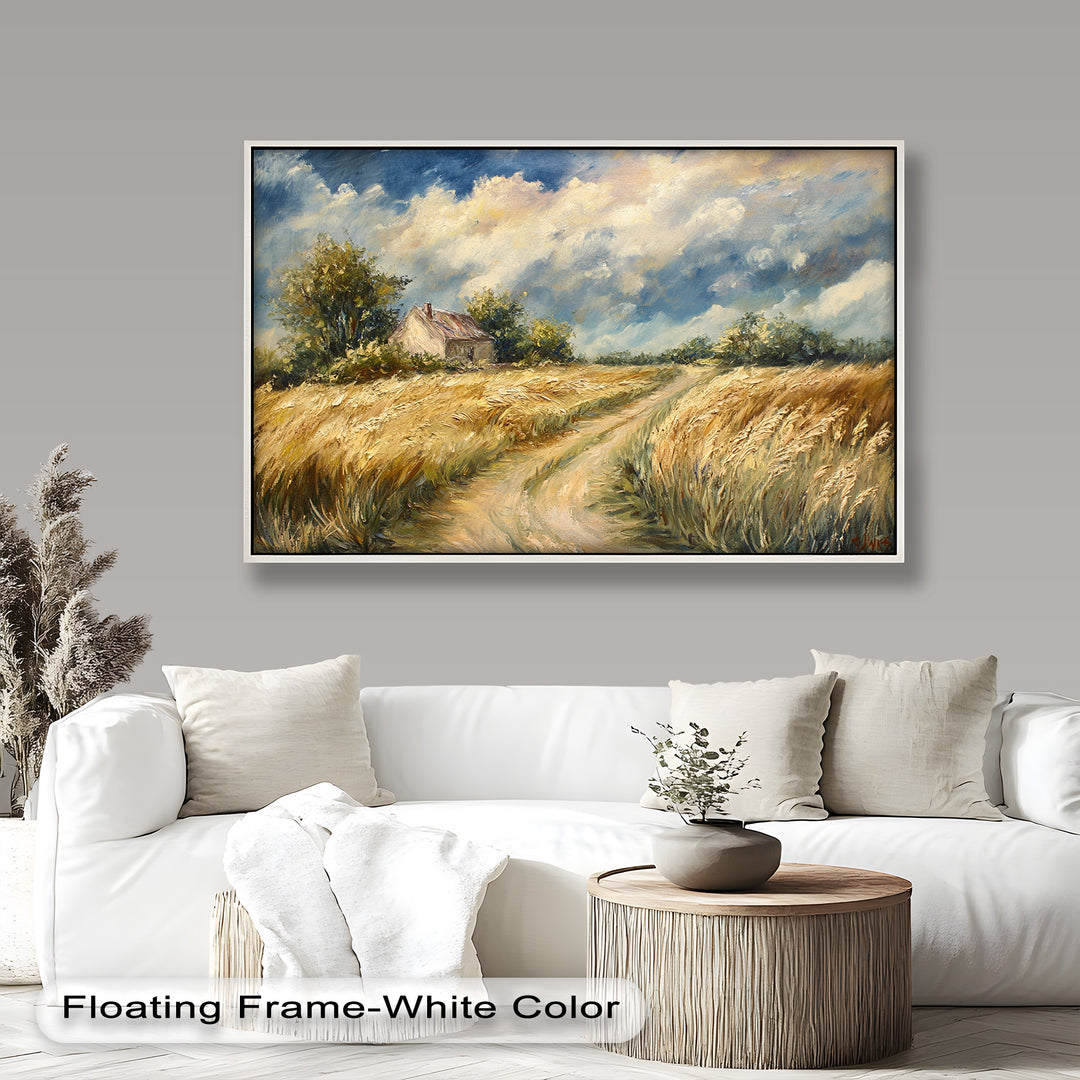 Rustic farmhouse painting with golden wheat field and winding path.
