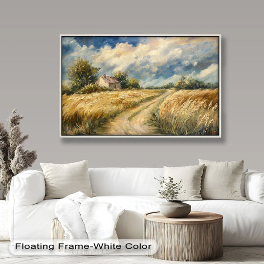 Evoking a sense of tranquility, this landscape oil painting reproduction print portrays a golden field path leading towards a distant farmhouse under a vast, expressive sky, setting a peaceful mood.