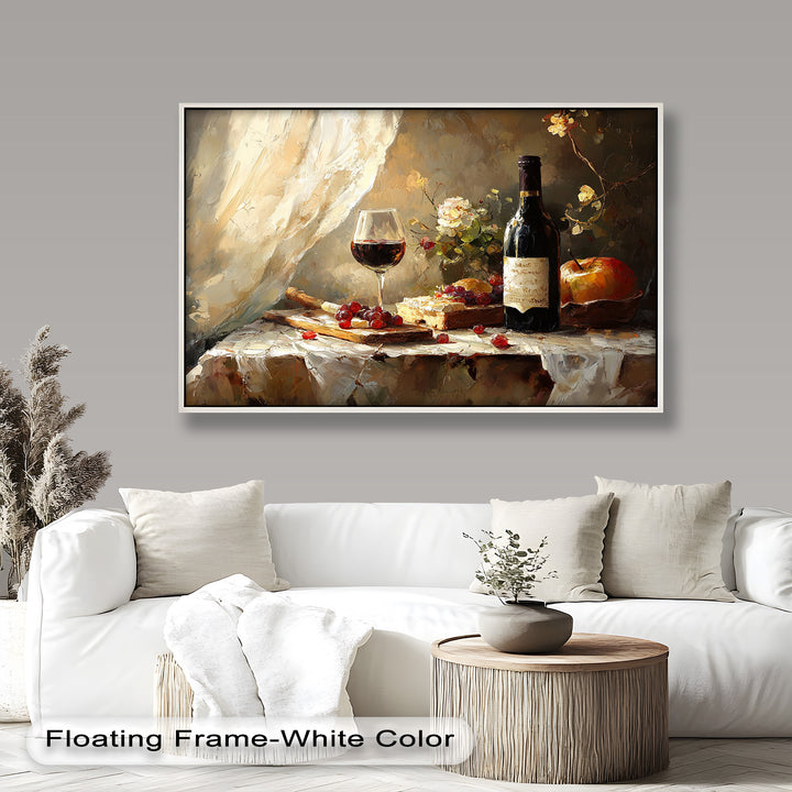 The interplay of light and shadow in this artwork highlights the beauty of a classic European-inspired setting featuring wine, fruits, and floral accents.

