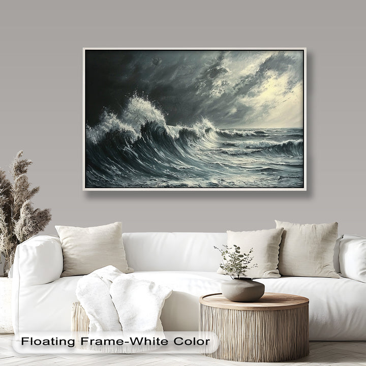 The grayscale palette enhances the emotional depth of the piece, evoking both awe and respect for the sea’s untamed power.

