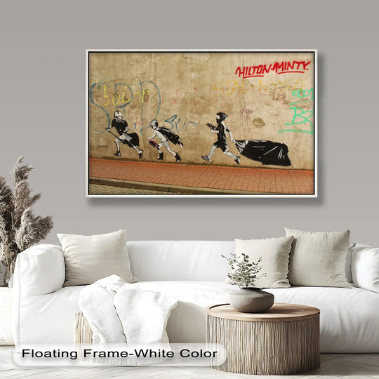 The white edge of the frame accentuates the 'Street Rebellion Run' oil painting decoration, enhancing the vibrant urban scene's border.