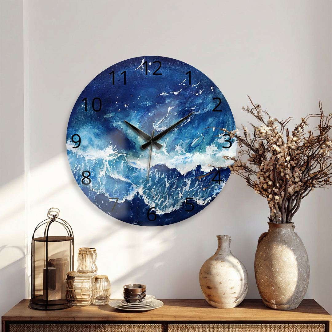 Abstract Blue Ocean Glass Wall Clock – Coastal Wave Art