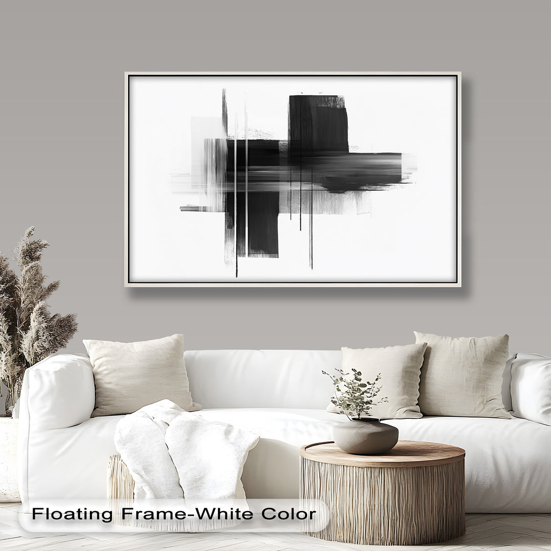 Minimalist black and white abstract with bold linear brushstrokes.

