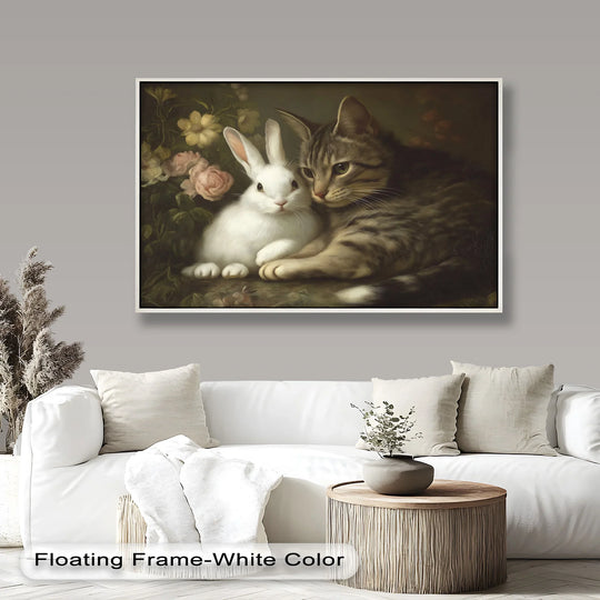 Highlighting the organic forms, this animal oil painting reproduction print showcases a sweet cat and rabbit embraced amidst a garden of roses and foliage.