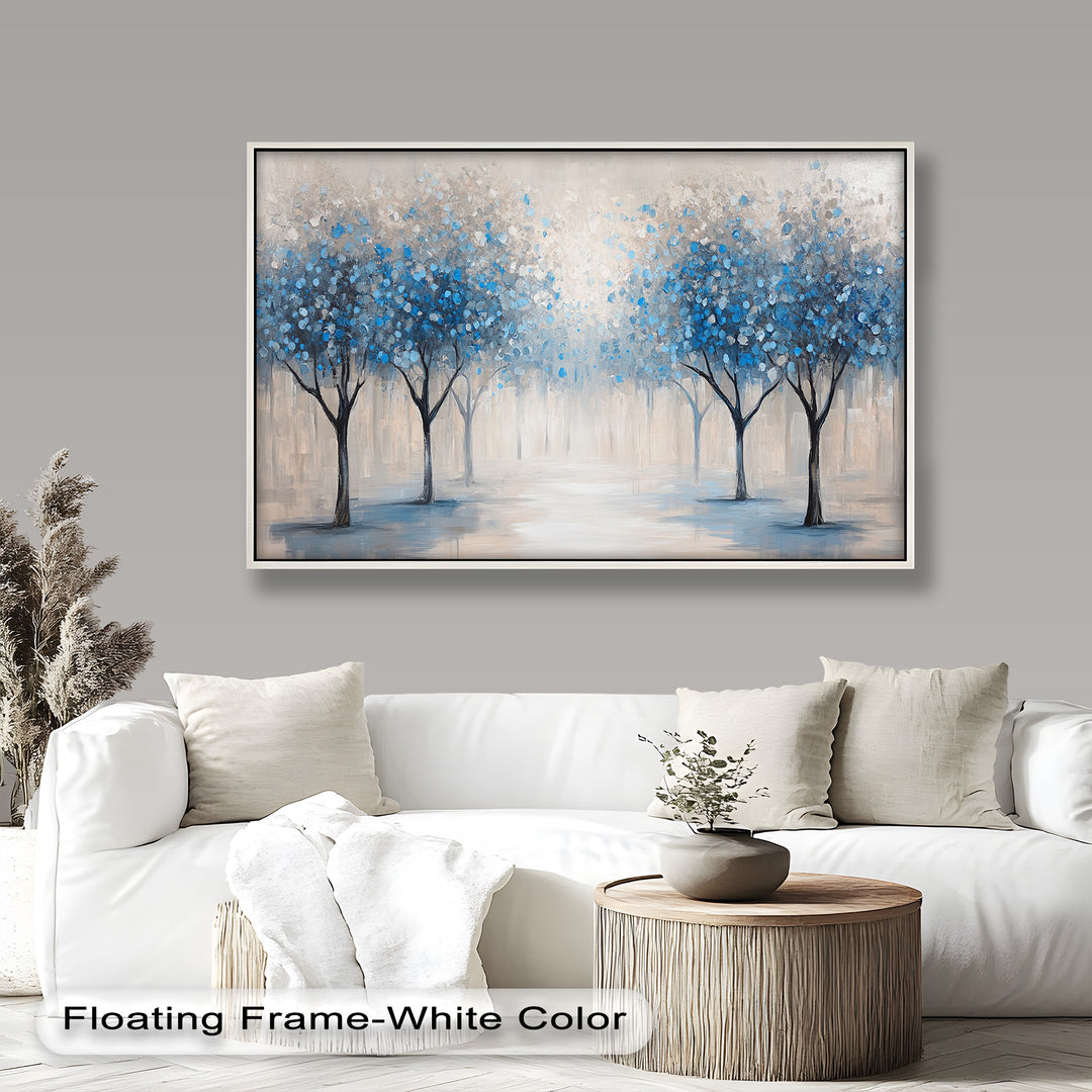 A peaceful abstract landscape of stylized trees with blue and white foliage, fading into a soft, misty background.