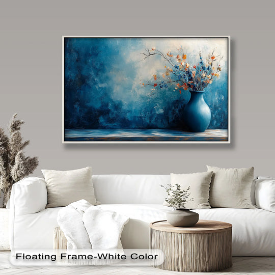 Horizontal and rectangular oil painting art piece displays a blue harmony vase filled with a contemporary floral arrangement, adding artistic elegance.