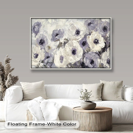 Featuring an elegant color contrast, the cream and lavender anemone flower oil painting art piece showcases ivory whispers with deep violet centers.